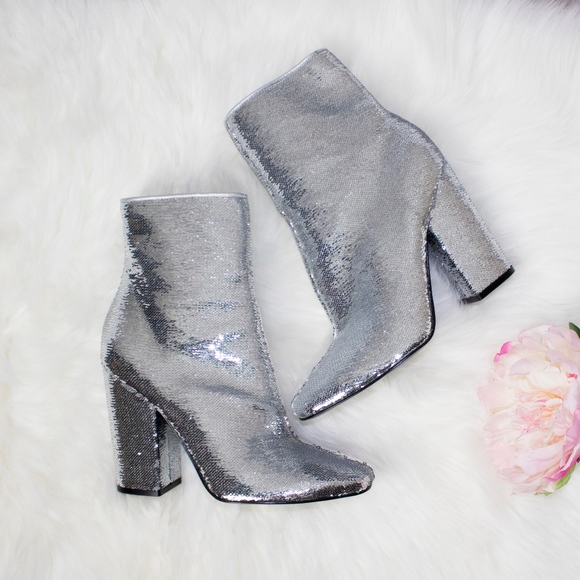 Kendall & Kylie Shoes - Silver Sequined Heeled Bootie NWOT